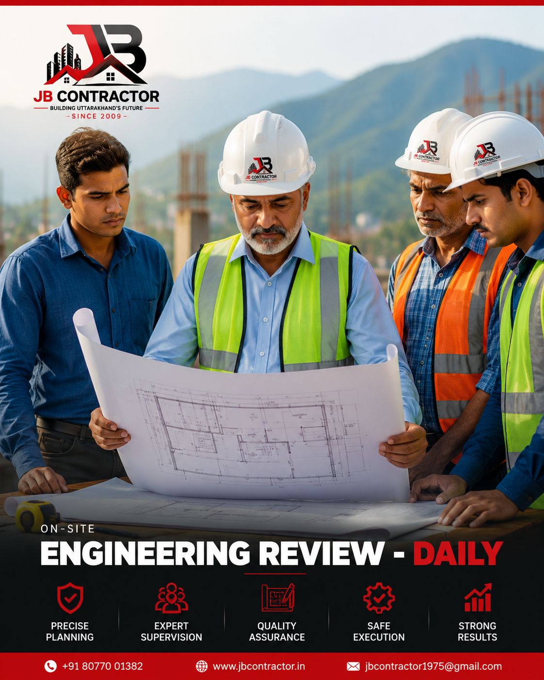 JB Contractor engineers reviewing blueprints on-site in Uttarakhand