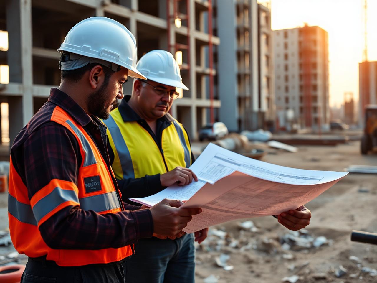 JB Contractor site engineers reviewing blueprints